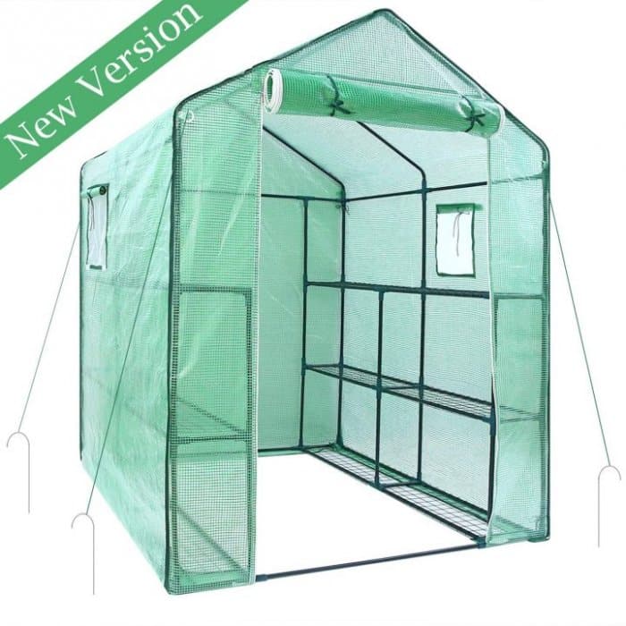 Greenhouse for Outdoors with Observation Windows (New Version), Ohuhu Large Walk-In Plant Greenhouse, 3 Tiers 12 Shelves Stands Green House, Bonus Ground Pegs & Ropes for Stability, 4.9 X 4.7 X 6.4 FT