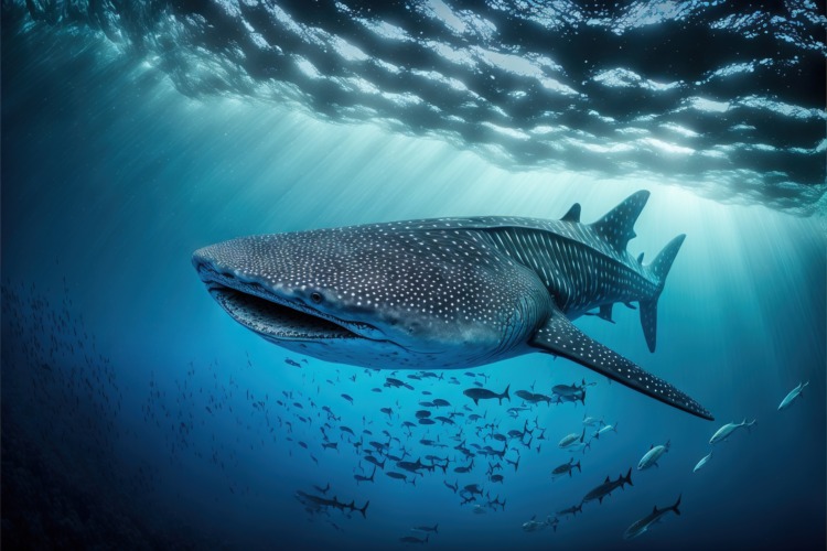 whale swimming in the ocean with a lot of fish around it's neck and head, with a lot of fish around it's neck