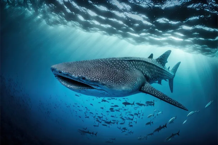 Whale Shark: Species Overview and Conservation Efforts 3 whale swimming in the ocean with a lot of fish around it's neck and head, with a lot of fish around it's neck