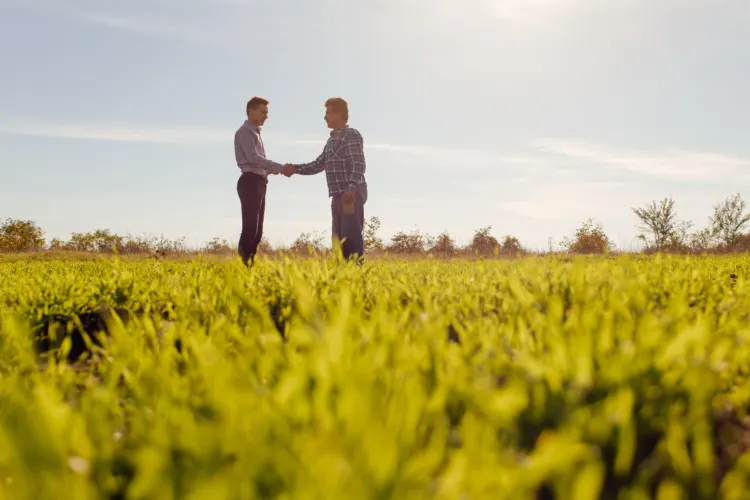9 Important Farming Skills You Need to Know 6 Male farm owner and agronomist standing in middle of green grassy field and discussing professional issues