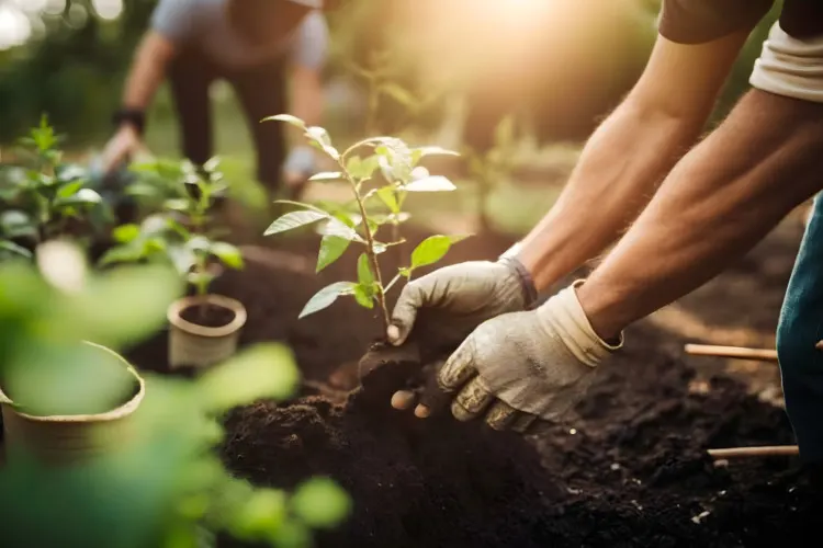 People planting trees or working in community garden promoting local food production