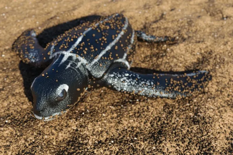 close-up shot of a baby newborn Leatherback sea turtle