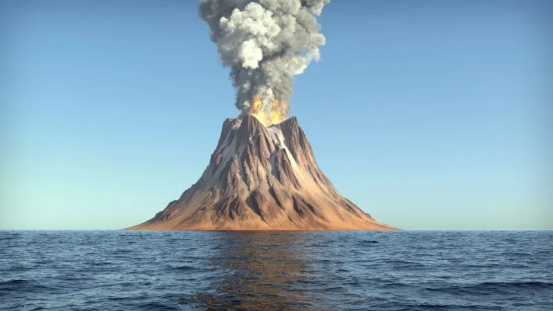 Volcano eruption on an island