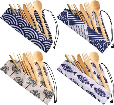 Four Sets Bamboo Travel Utensils Set (Fork, Knife, Spoon, Chopsticks, Straw, Cleaning Brush)