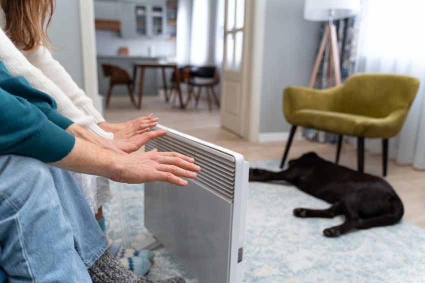 people sitting next to a heater