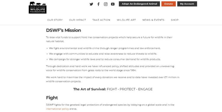 David Shepherd Wildlife Foundation’s Mission and Vision Webpage