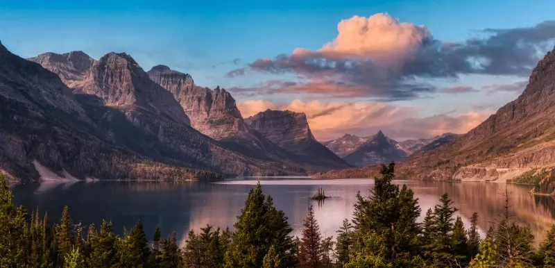 Beautiful Panoramic View of a Glacier Lake with American Rocky Mountain Landscape in the background