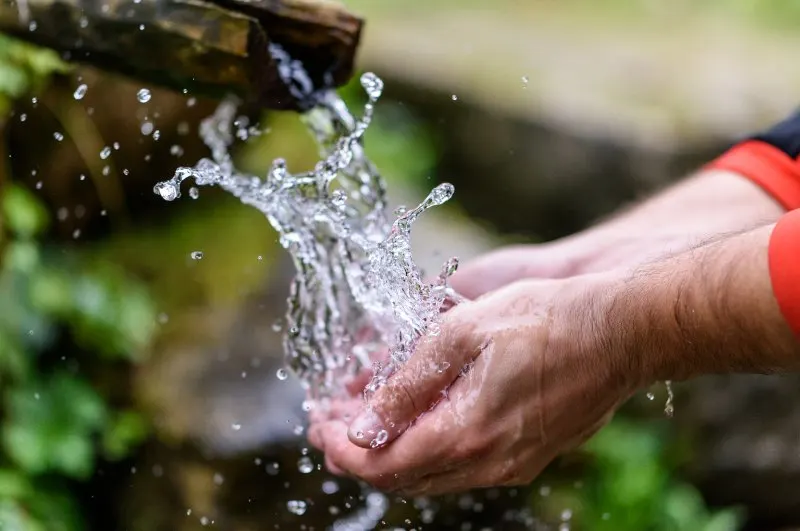 Wooden Pipe of Fresh Natural Spring Water