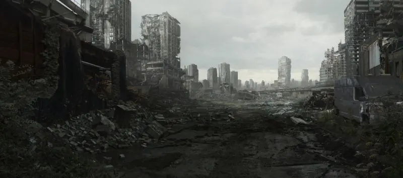 2d digital illustration of a destroyed city.