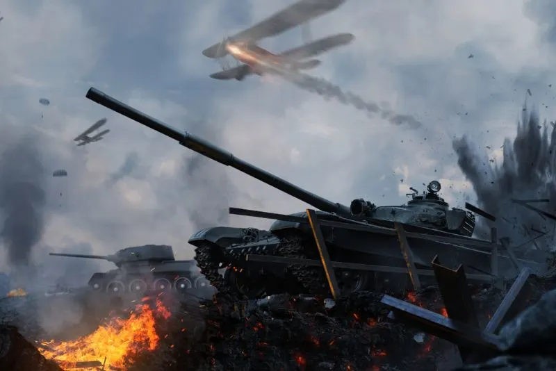 Tanks and planes rush into battle on besieged burning land.