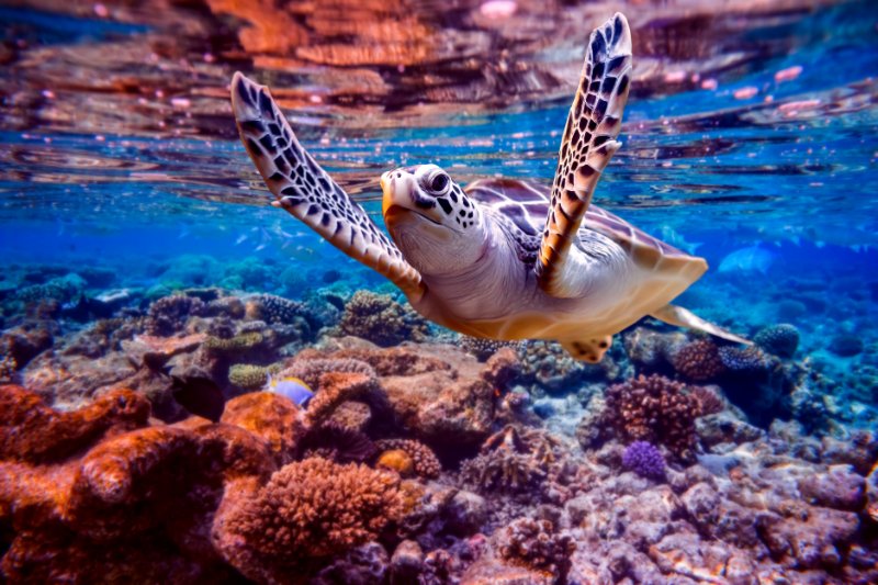 Sea turtle swims under water 