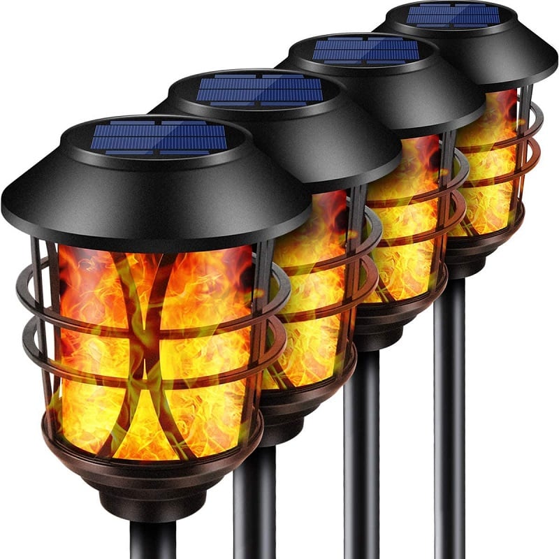 Battery Replaceable Solar Torch Lights ZENC Outdoor LED Tiki Lamp Flickering with Realistic Dancing Flame Dusk-Dawn Landscape Decoration Lights for Garden/Patio/Deck/Driveway 4-PACK