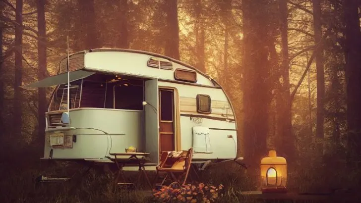 Mobile home parked in a forest ,table, chair, sunset