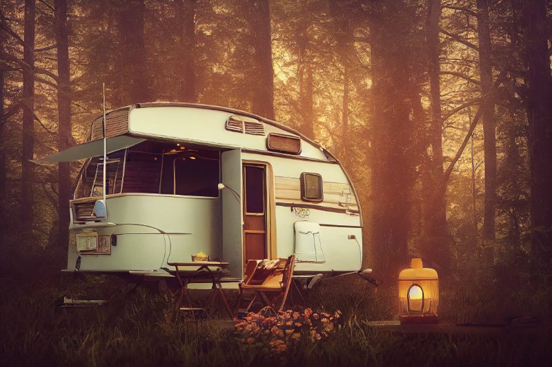 Mobile home parked in a forest ,table, chair, sunset