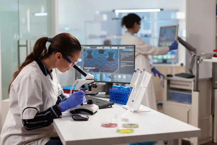 Biotechnology scientist looking through microscope analyzing genetical material