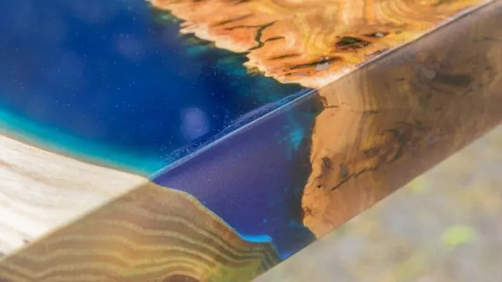 wooden table made of elm slab with epoxy resin filling