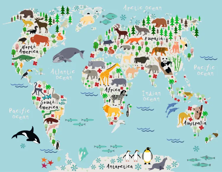 World Map with Animals by Country for Kids