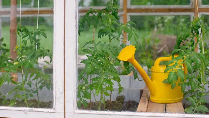 Watering Can in Front of a Wooden Greenhouse