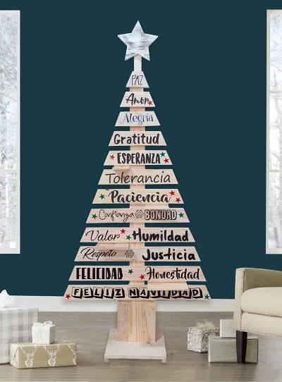 10 Sustainable Christmas Trees for the Holiday Season 3 Small Wooden Christmas Tree with Letterings