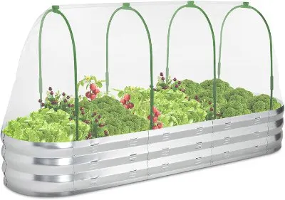 POTEY Raised Garden Bed with Greenhouse Galvanized Planter Box