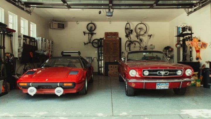 Tow Red Cars on a Garage