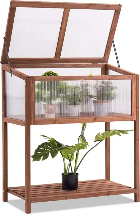 Mcombo Wooden Greenhouse Cold Frame, Portable Garden Mini Greenhouse Kit