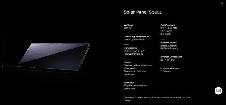 Tesla Solar Panel Specs Information