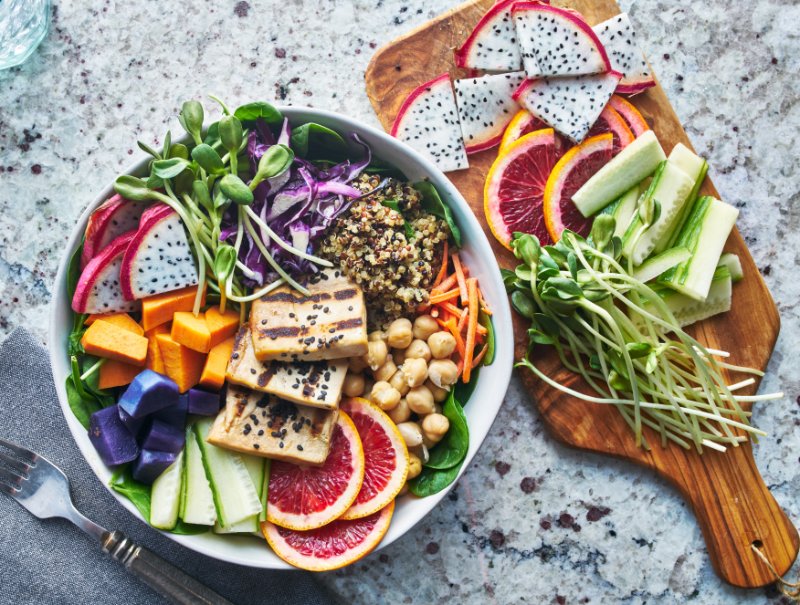 Platter served with grilled tofu and dragon fruit