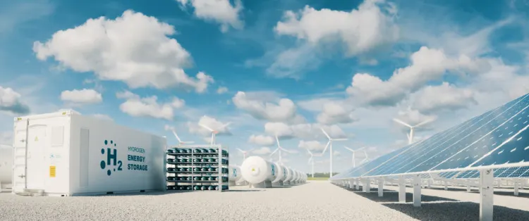 Modern hydrogen energy storage system accompaind by large solar power plant and wind turbine park