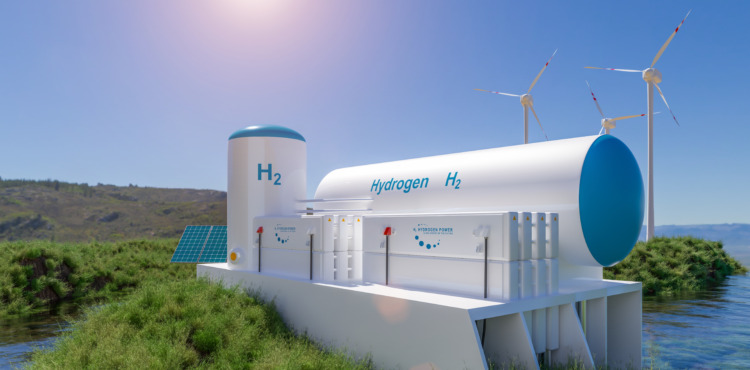 Hydrogen renewable energy production - hydrogen gas for clean electricity solar and windturbine facility