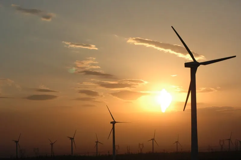 Closeup of Wind turbines at noon 