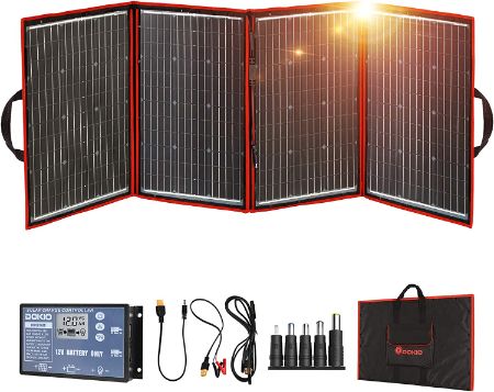 Red Solar Panel Kit with cord, chargers, and pouch