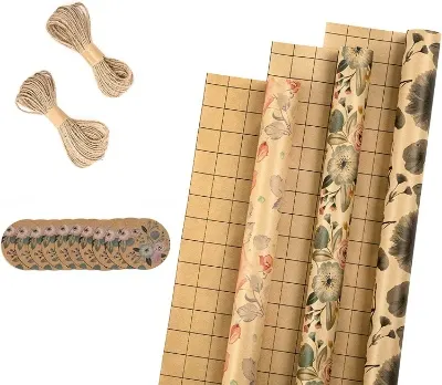 RUSPEPA Wrapping Paper Rolls with Tags and Jute String
