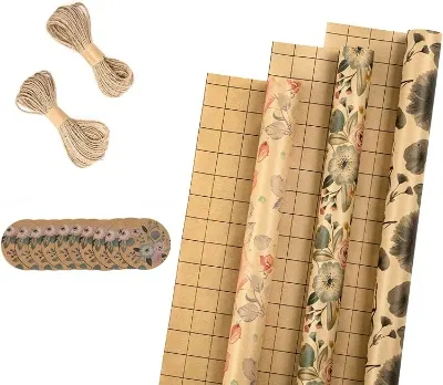 10 Best Sustainable Gift Wrapping Options 6 RUSPEPA Wrapping Paper Rolls with Tags and Jute String