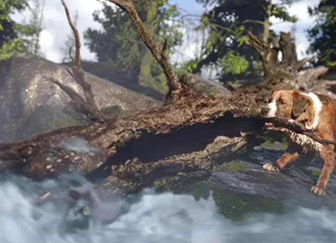 dog and wilderness dog holding up against strong current by biting on a tree