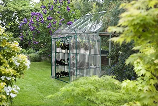 a lean-to greenhouse in a garden with plants