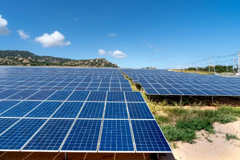 solar panels laying flat on a field and blue sky