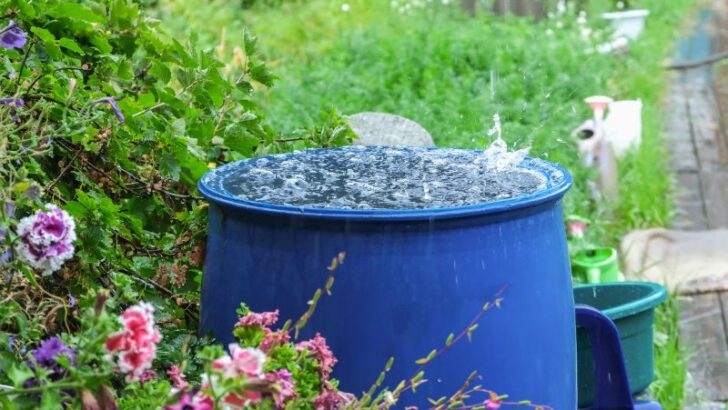 Blue barrel for collecting rainwater