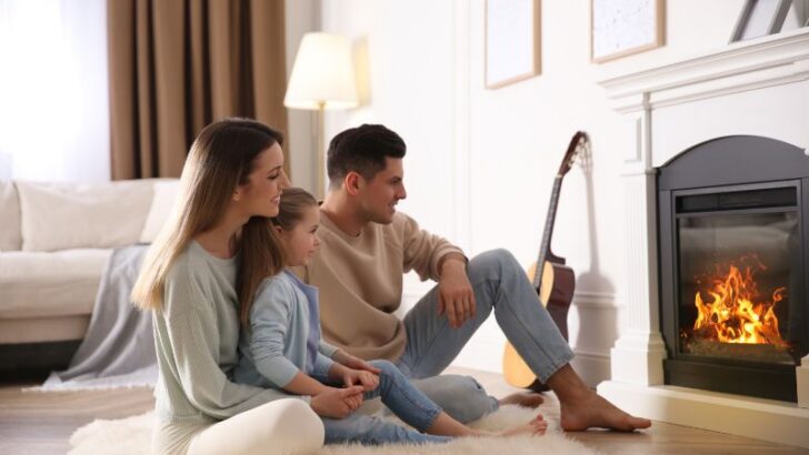 Happy family resting near fireplace at home