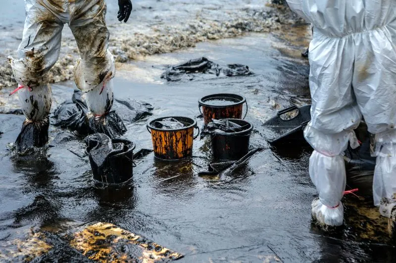 Workers remove crude oil from a beach