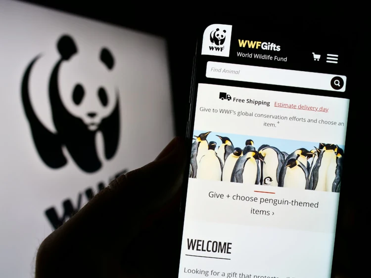 Person holding cellphone with website of World Wide Fund for Nature Inc. (WWF) on screen in front of logo. Focus on center of phone display.