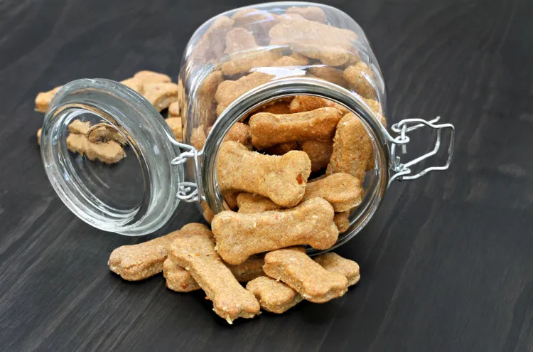 12 Most Ethical, Sustainable Dog Food & Products 7 Homemade dog bones spilling from a glass jar.