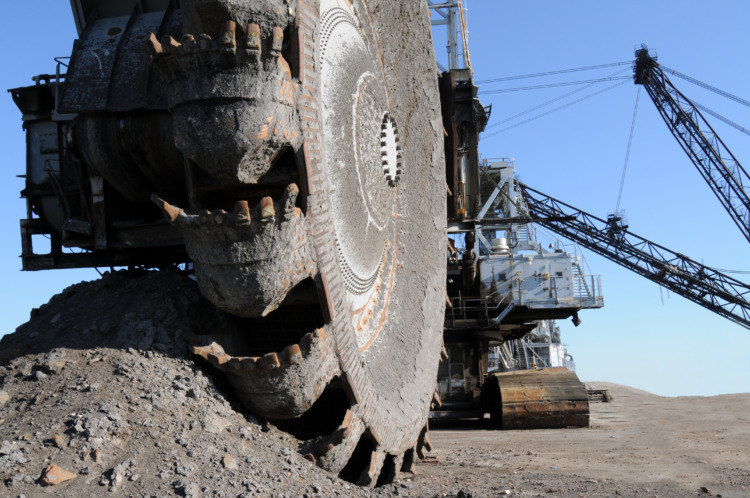 Mining equipment; closeup of a bucketwheel reclaimer, used at oil sands mines in Alberta, Canada