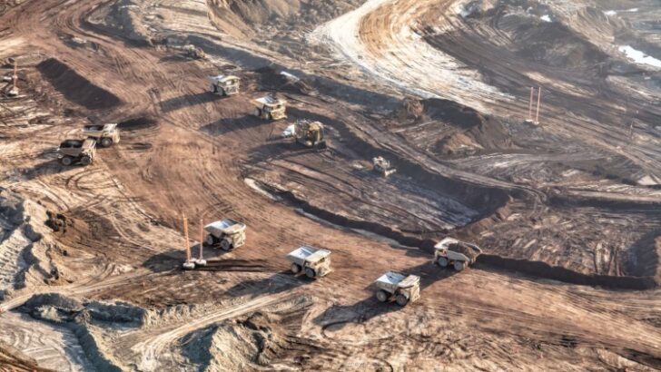 Aerial view of giant dump trucks collecting newly mined Oilsand from Athabasca Tar sand site being processed in local Petrochemical refineries Alberta travel