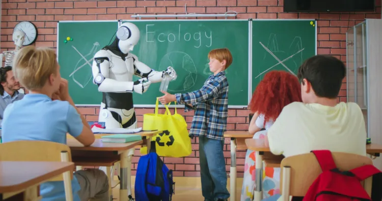 Red haired school boy standing near modern robot at classroom and answering question about ecology. Human like humanoid teaching children to protect nature with recycling waste