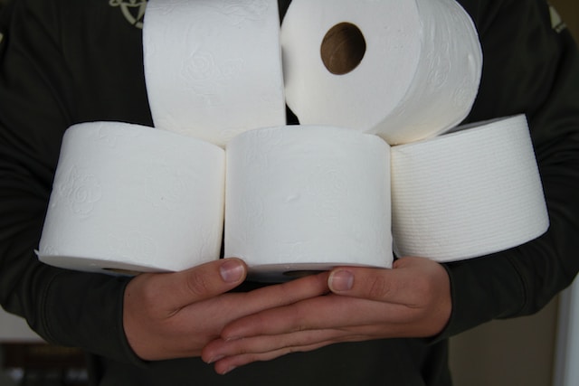 a person holding rolls of toilet paper
