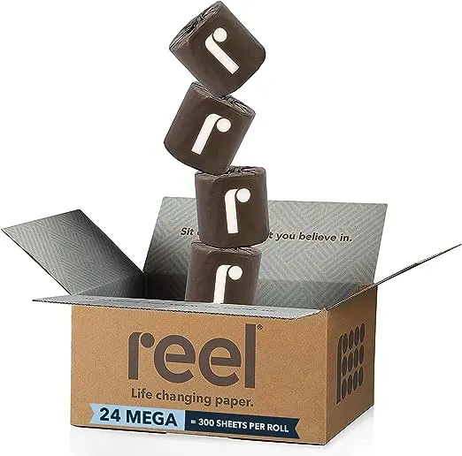 Rolls of Reel Premium Bamboo Toilet Paper in a cardbox