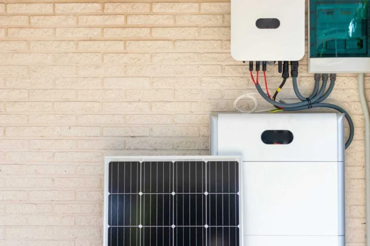 Solar panel with solar battery mounted on a wall