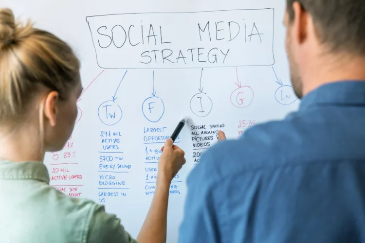 Social media and influencer marketing concept - people discussing strategy plan on whiteboard in office