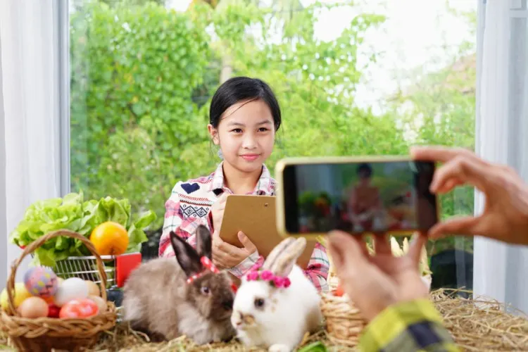 Portrait a cute asian girl working on a rabbit farm to make a content creation practice online, concept help kids to create media craft their own content